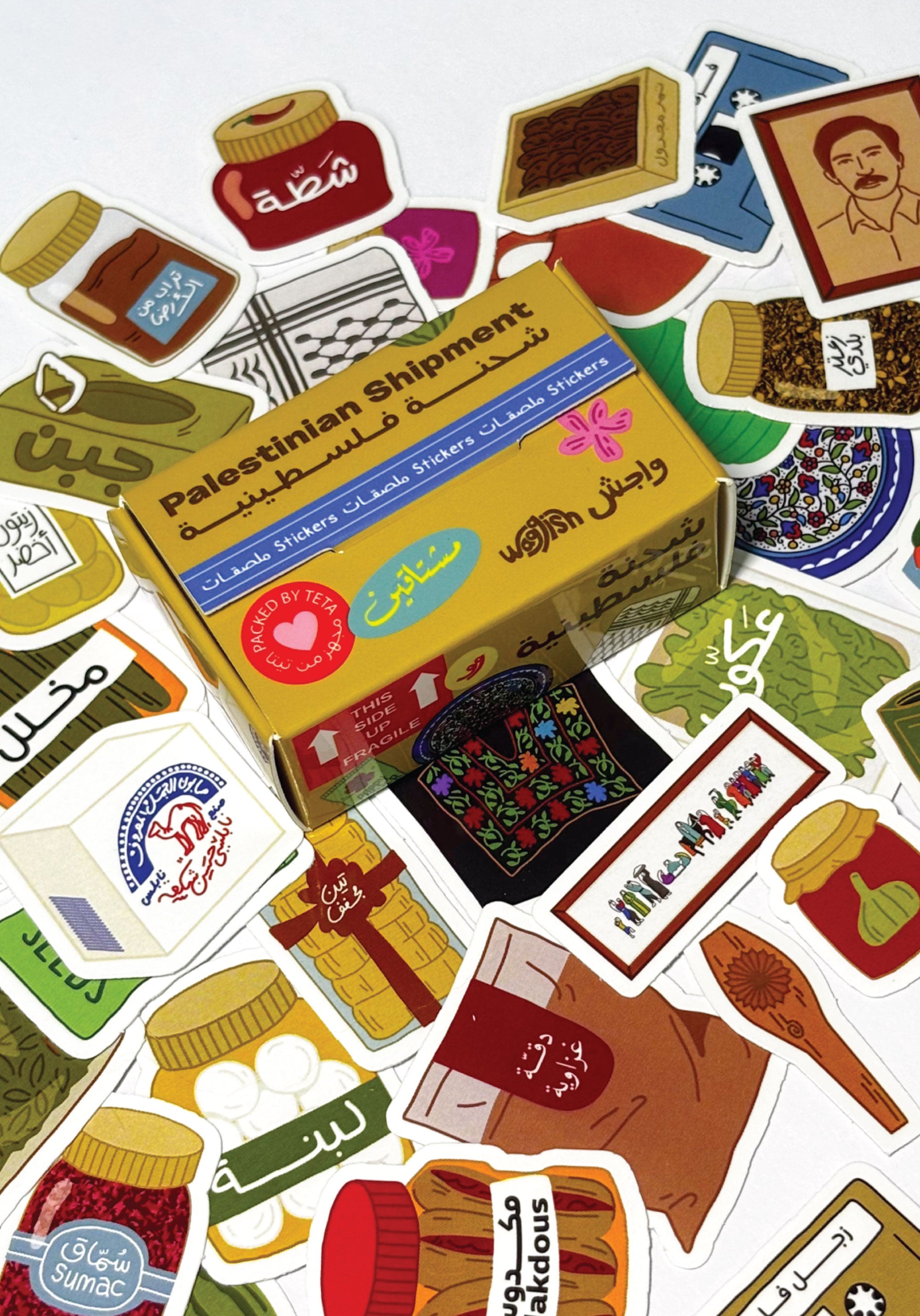 Collection of colorful, Palestinian stickers with various designs and text, including a prominent box labeled 'Palestinian Shipment'.