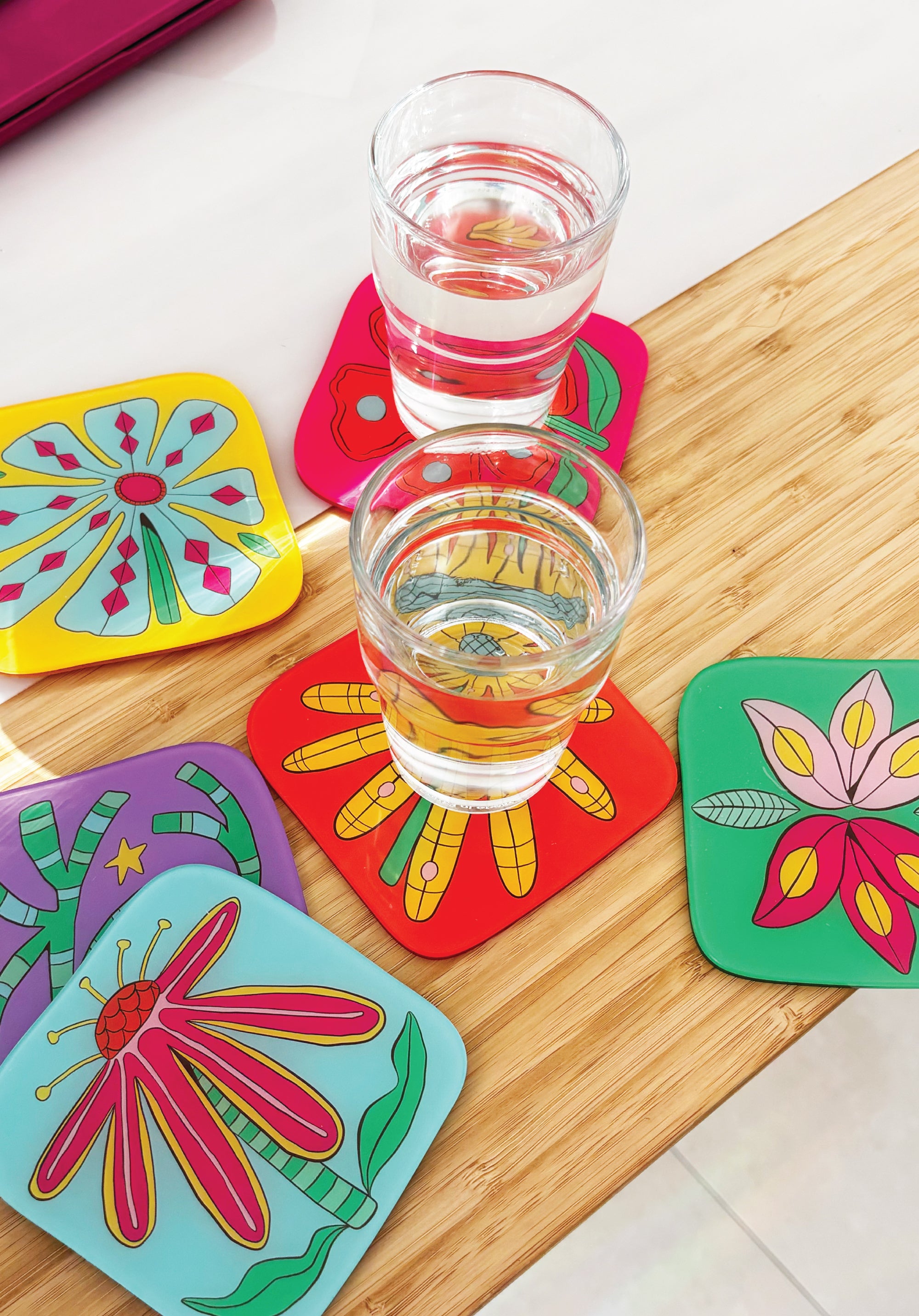 Pink Flower on Blue Coaster