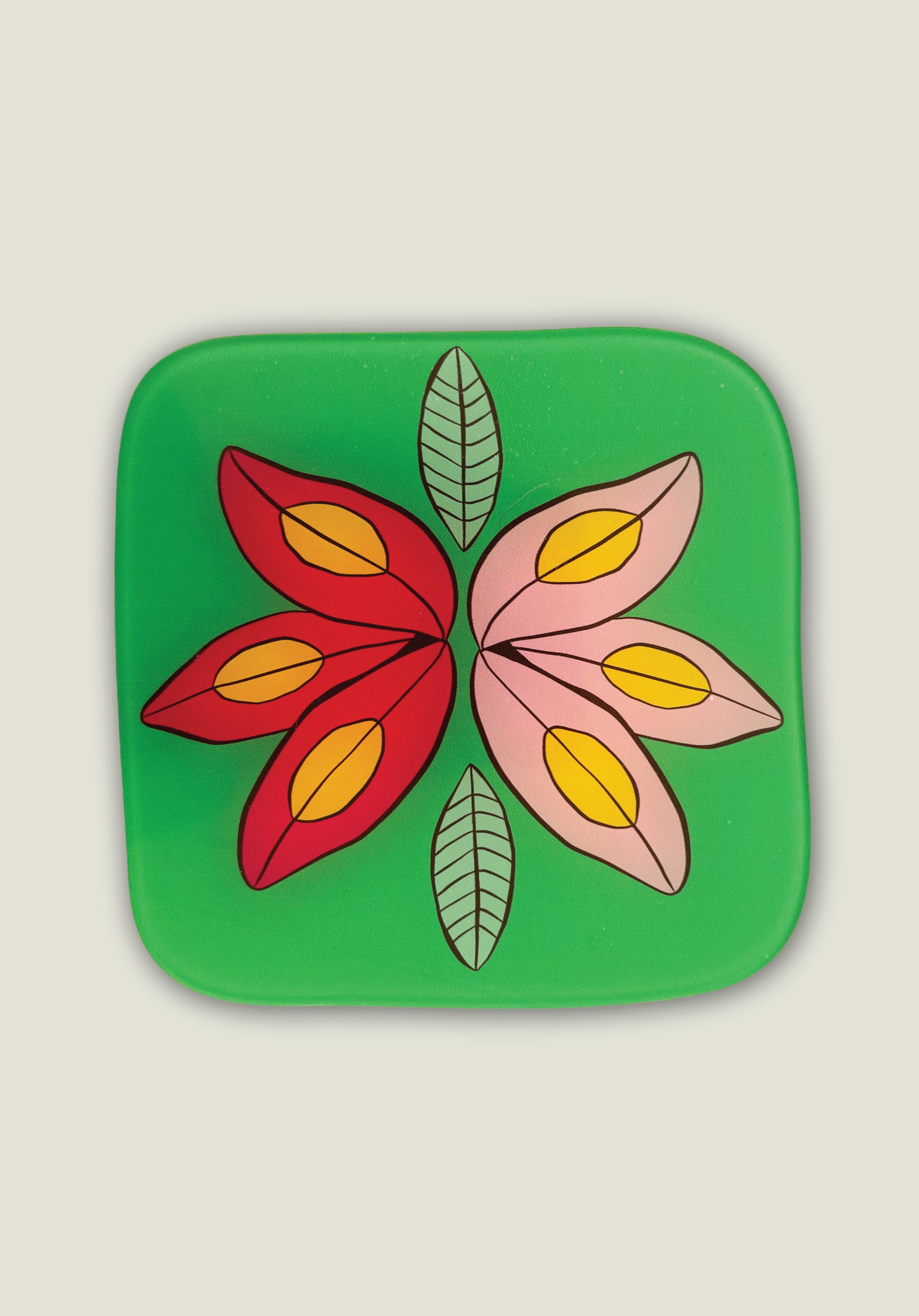 Yellow and Pink Flower on Green Coaster